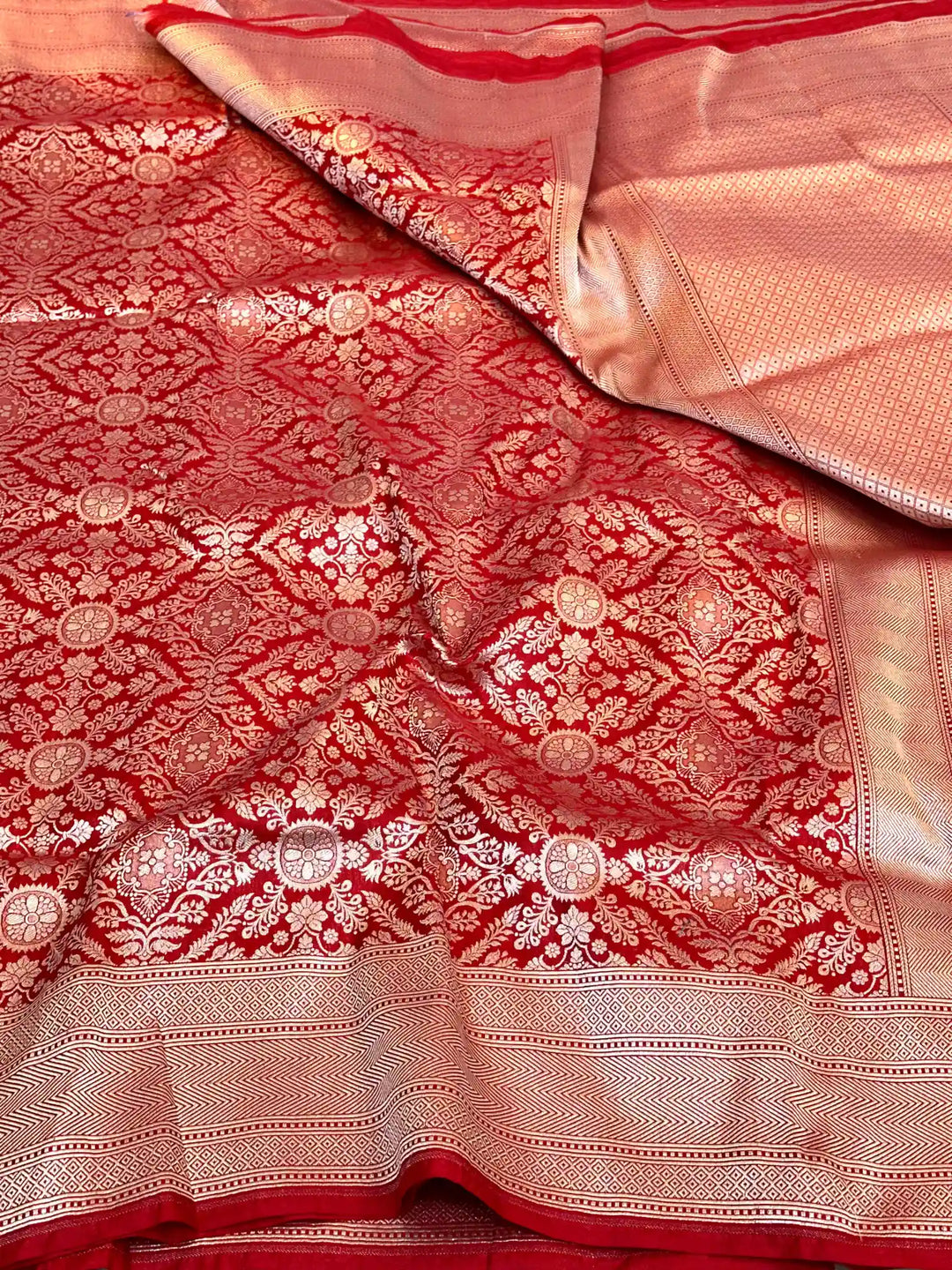 Bright Red Brocade Pure Katan Silk Saree