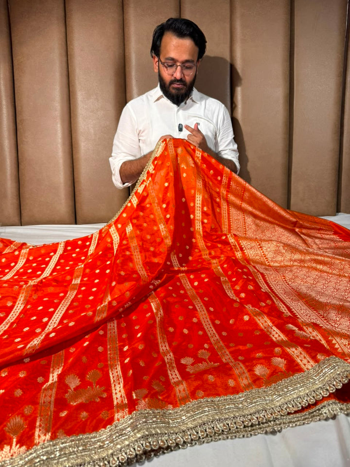 Bright Red Chinia Silk Lace Work Designer Saree
