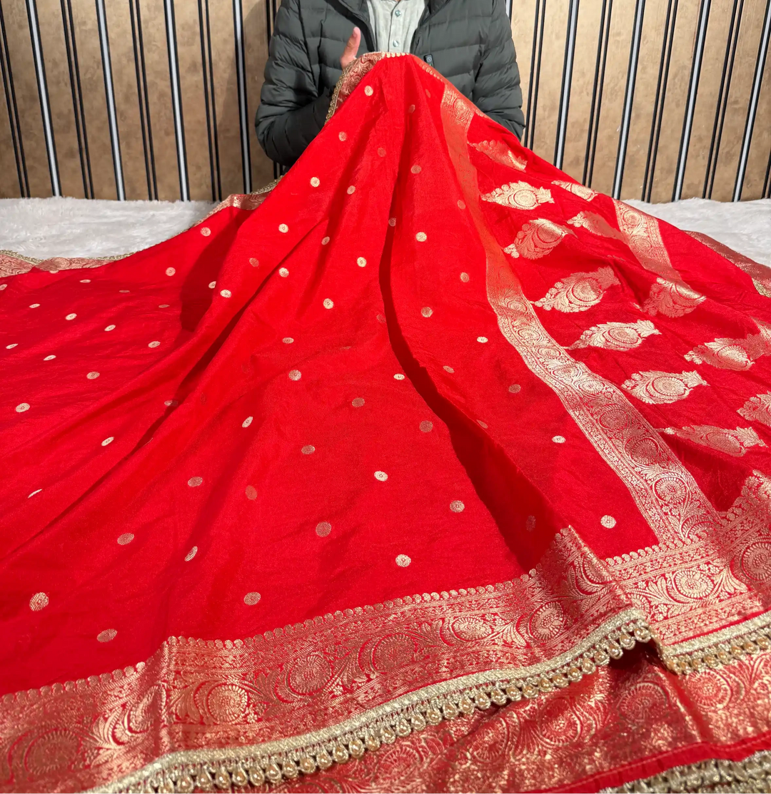 Bright Red Chinia Silk Premium Lace Attached Banarasi Saree