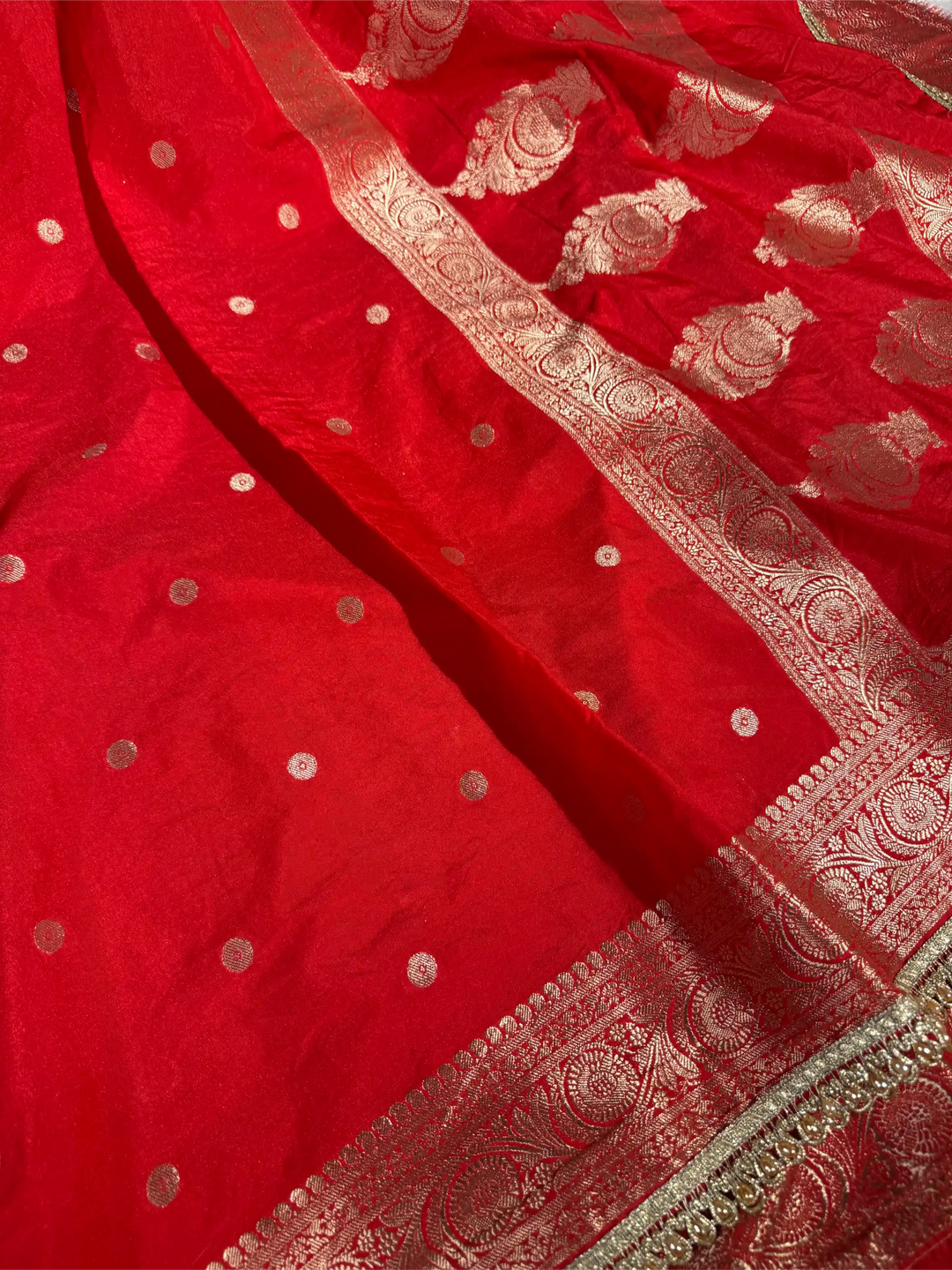 Bright Red Chinia Silk Premium Lace Attached Banarasi Saree