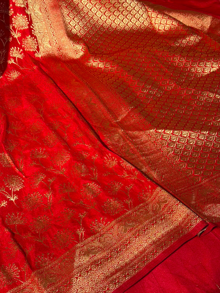 Bright Red Embossed Khaddi Georgette Banarasi Saree
