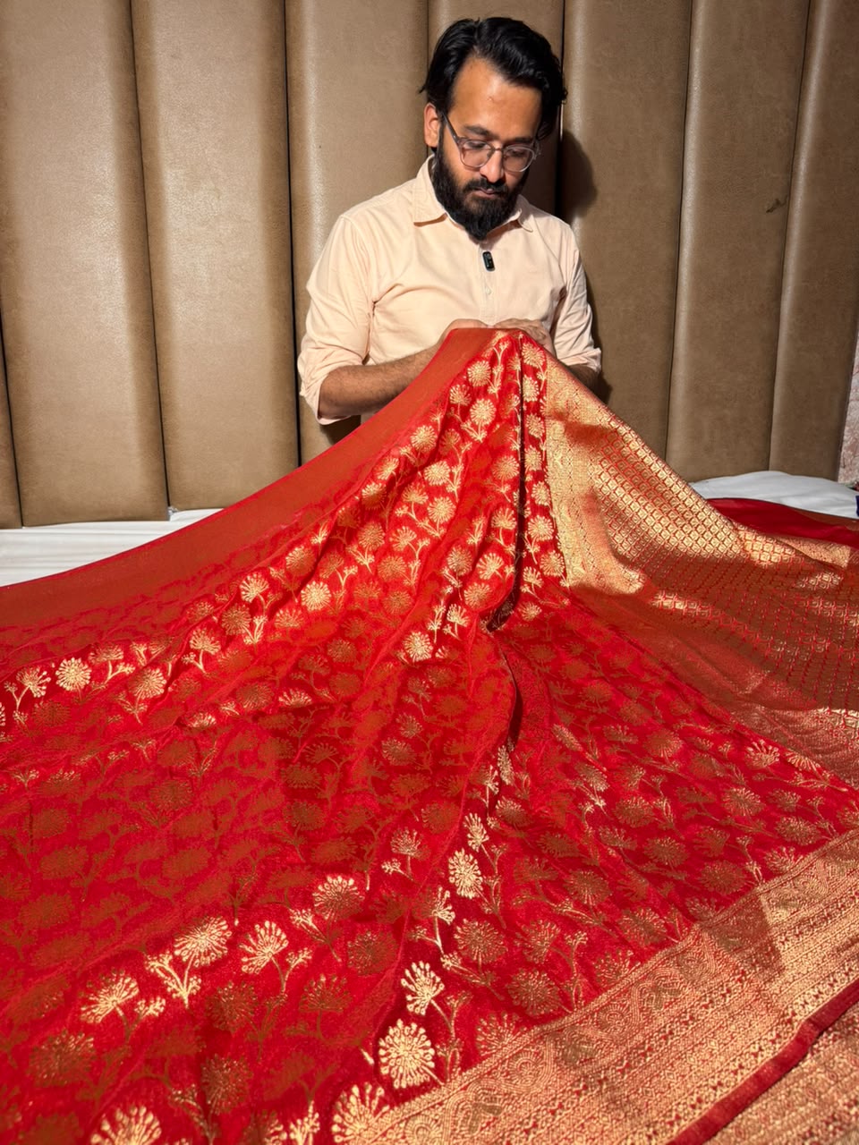 Bright Red Embossed Khaddi Georgette Banarasi Saree