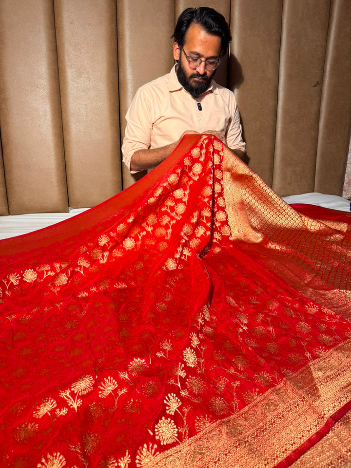 Bright Red Embossed Khaddi Georgette Banarasi Saree