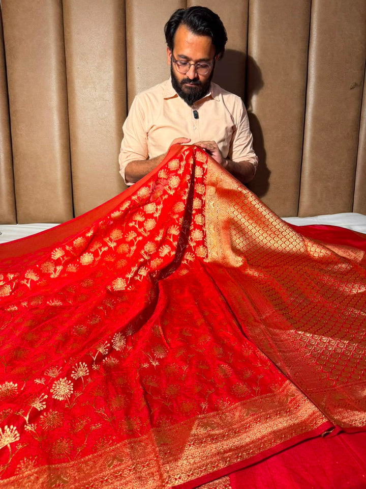 Bright Red Embossed Khaddi Georgette Banarasi Saree