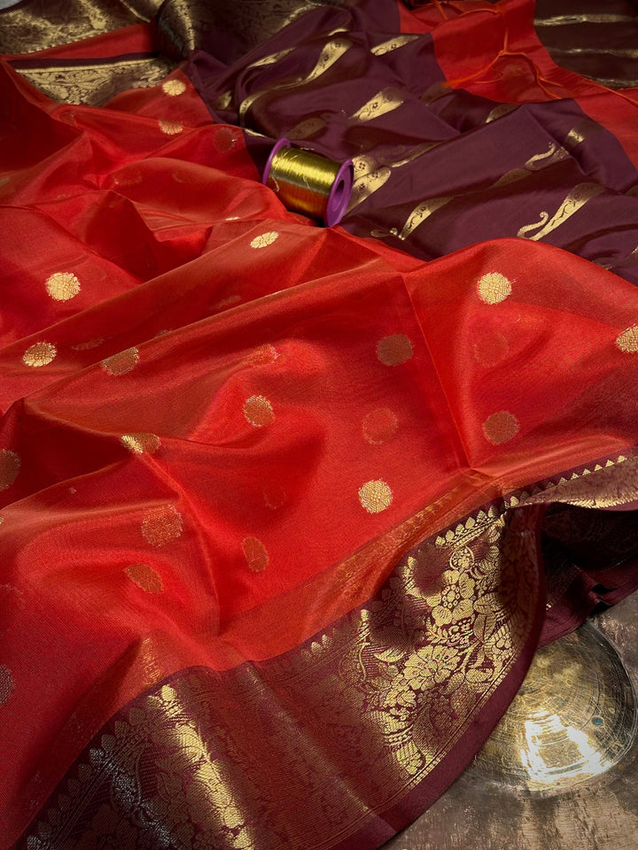 Bright Red Kora Organza Banarasi Saree