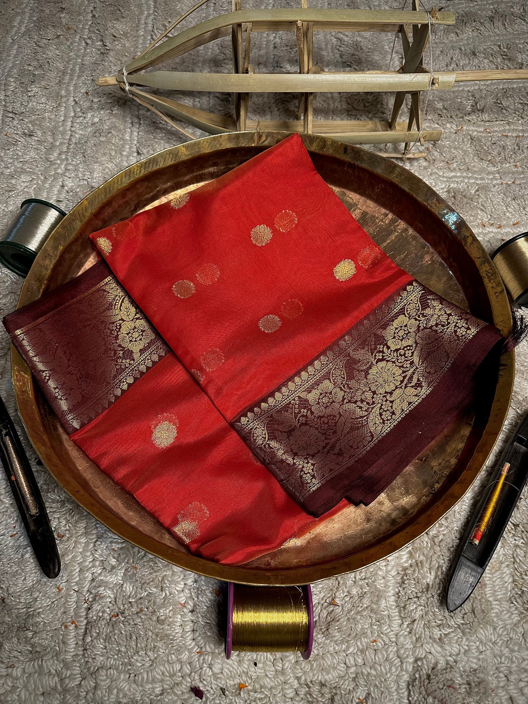 Bright Red Kora Organza Banarasi Saree