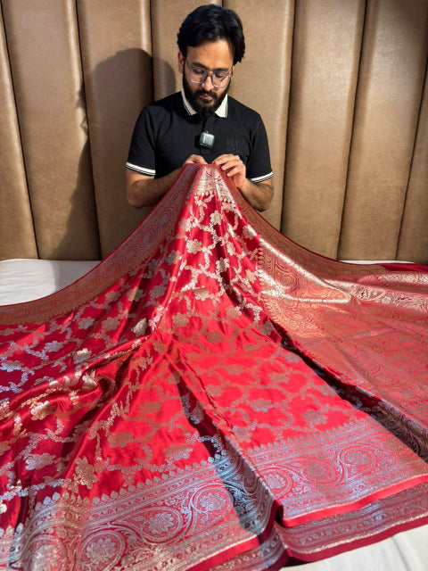 Bright Red Satin Silk Heritage Banarasi Saree