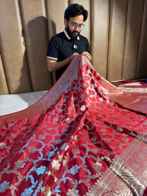 Bright Red Satin Silk Heritage Banarasi Saree