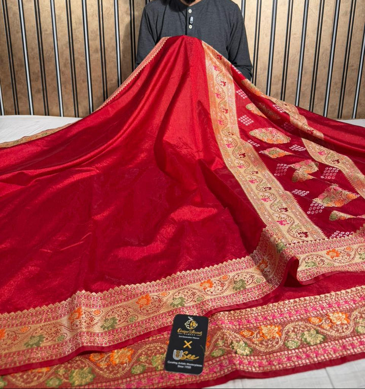 Bright Red Shade Soft Georgette Banarasi Saree with Tilfi Meenakari Weave