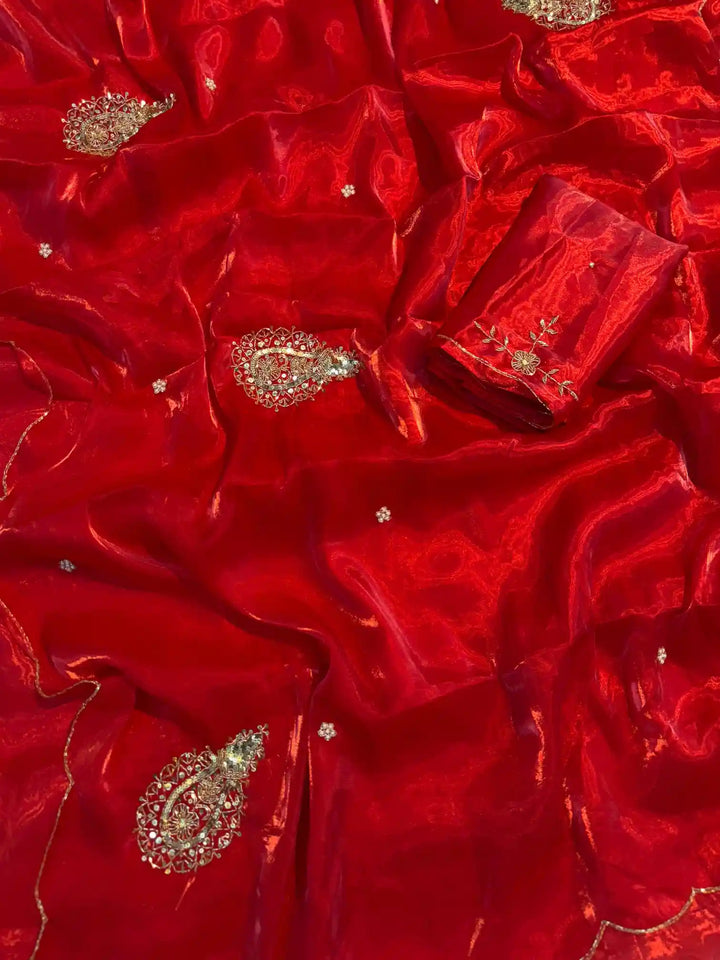 Bright Red Shimmery Tissue Silk Designer Saree