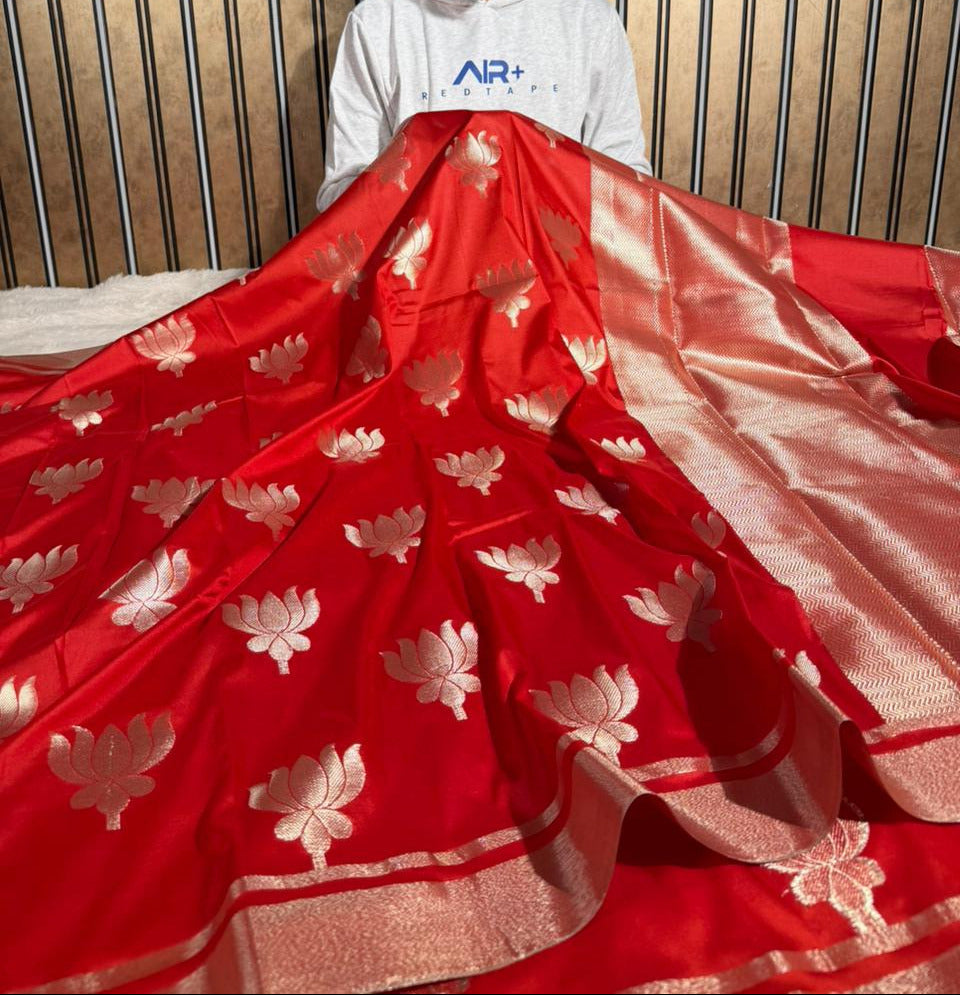 Bright Red Softsilk Lotus Floral Buta Banarasi Saree