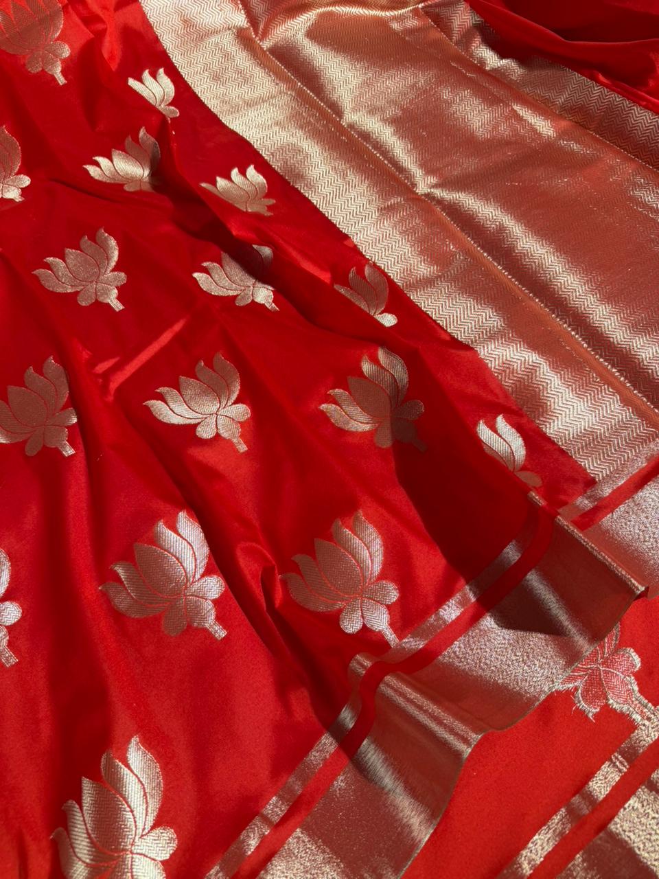 Bright Red Softsilk Lotus Floral Buta Banarasi Saree