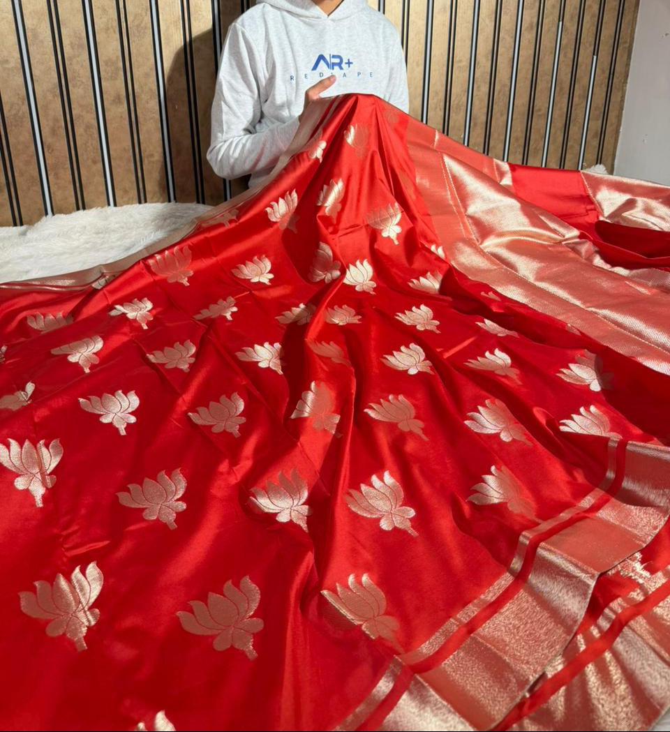 Bright Red Softsilk Lotus Floral Buta Banarasi Saree