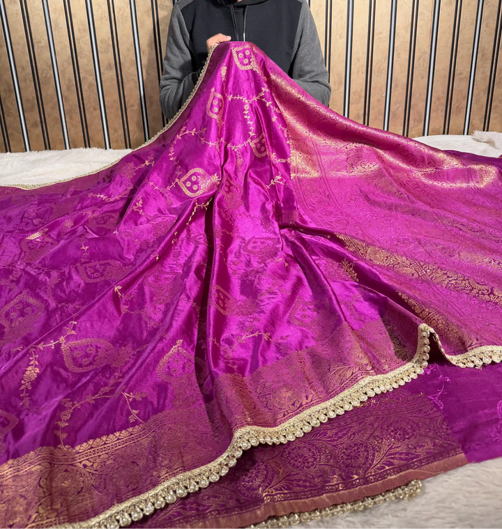 Bright Violet Banana Silk Designer Moti Lace Attached Banarasi Saree
