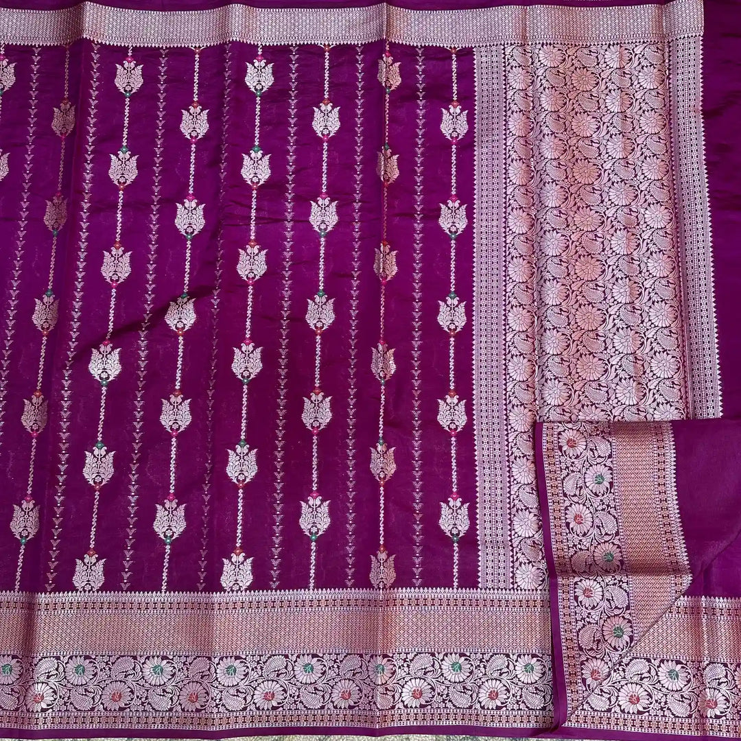 Bright Violet Chinia Silk Banarasi Saree