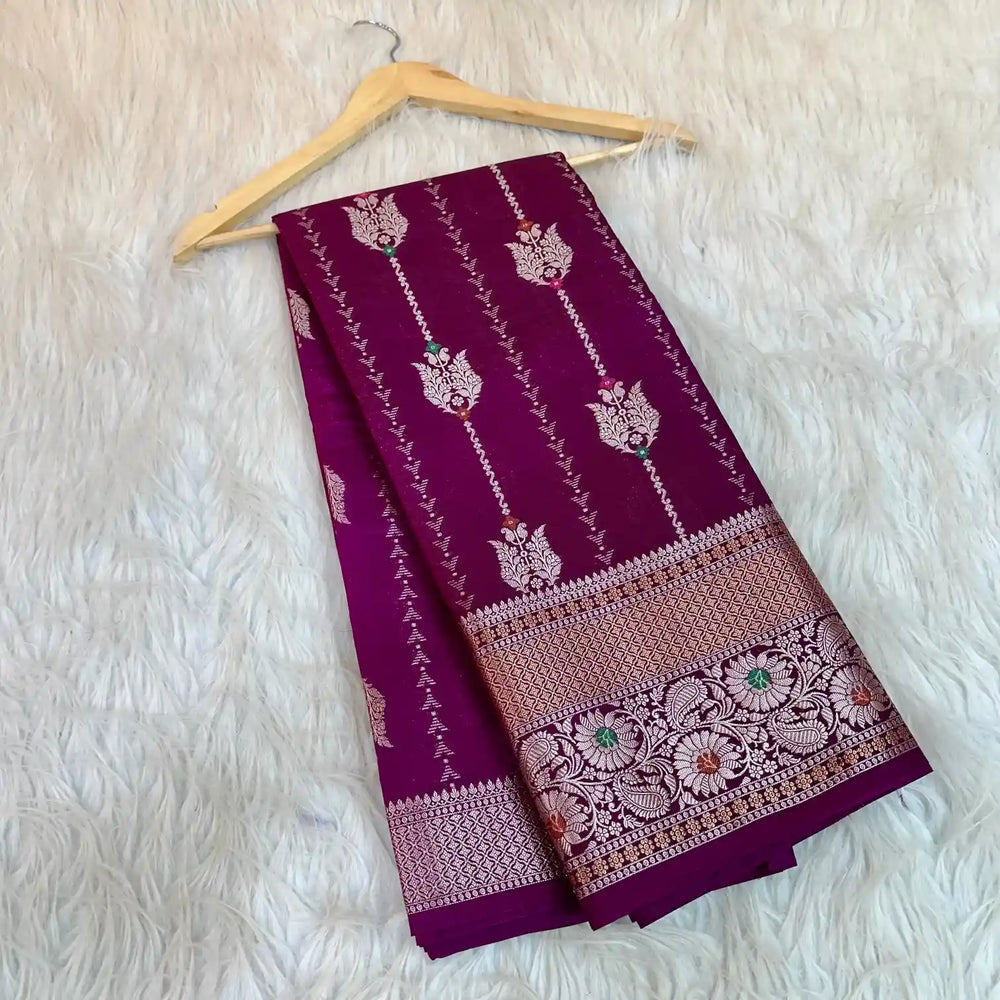 Bright Violet Chinia Silk Banarasi Saree