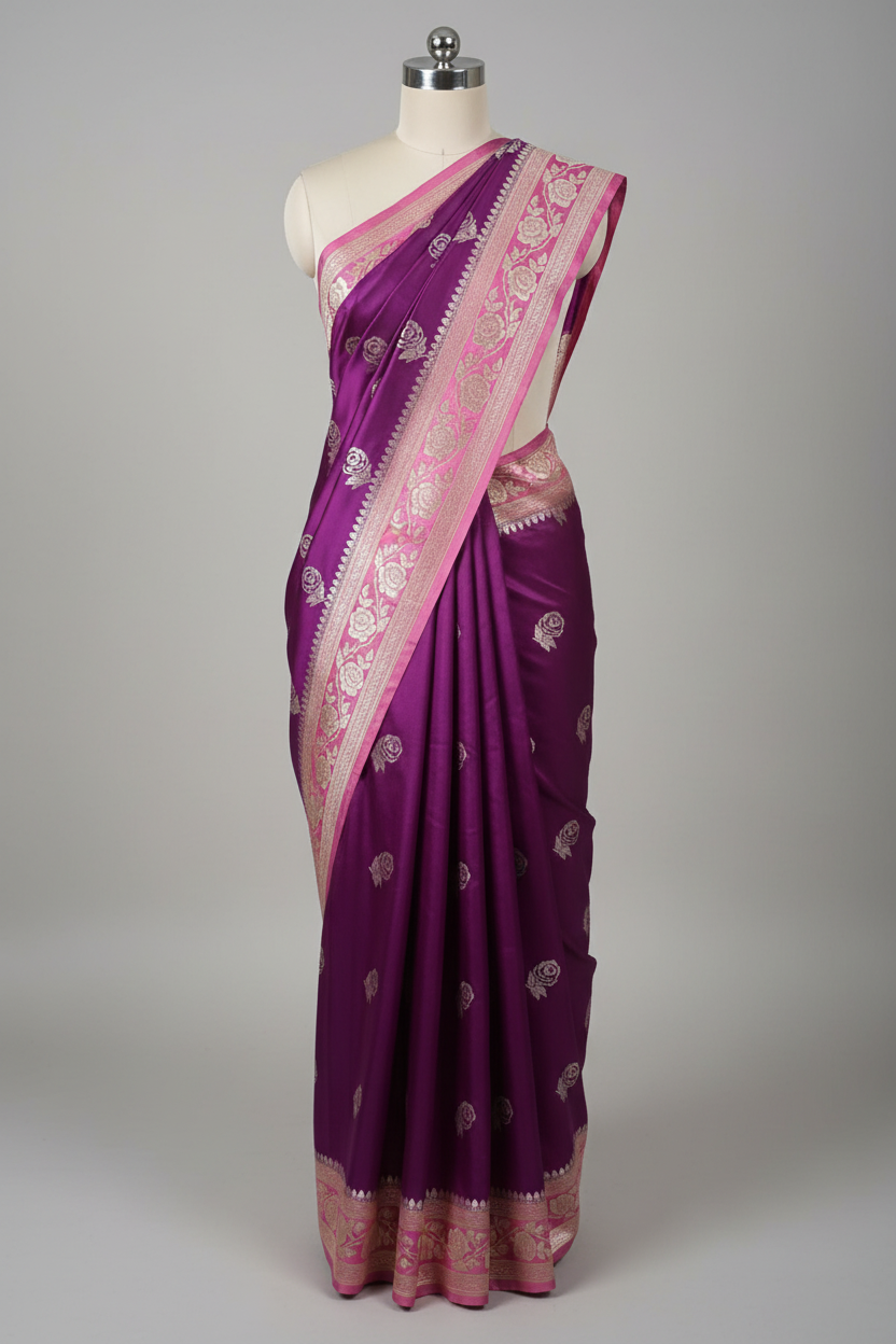 Bright Violet Mashru Katan Silk Eccentric Traditional Weave Banarasi Saree