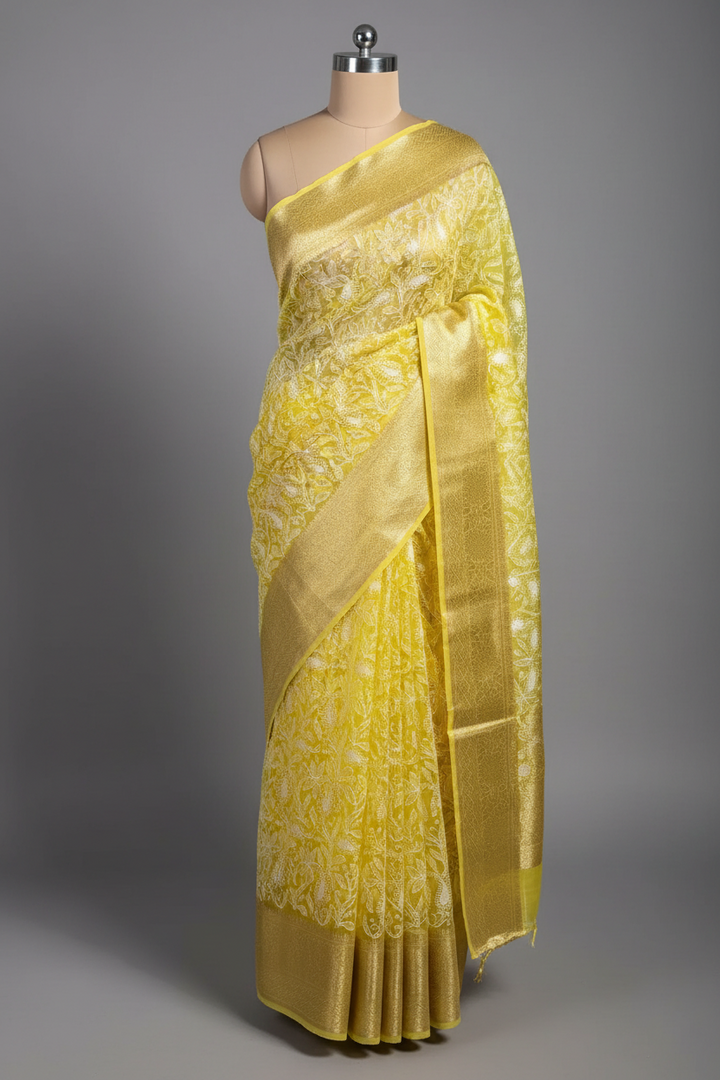 Bright Yellow Organza Silk Chikankari Work Banarasi Saree