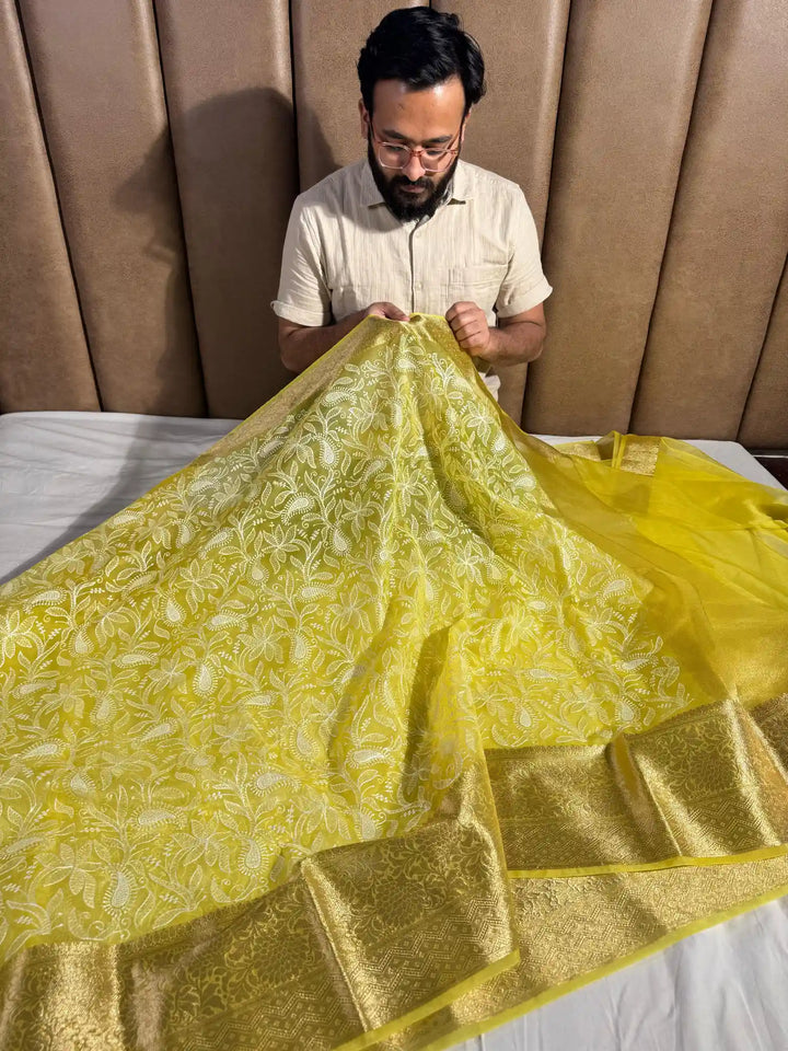 Bright Yellow Banarasi organza silk chikankari saree