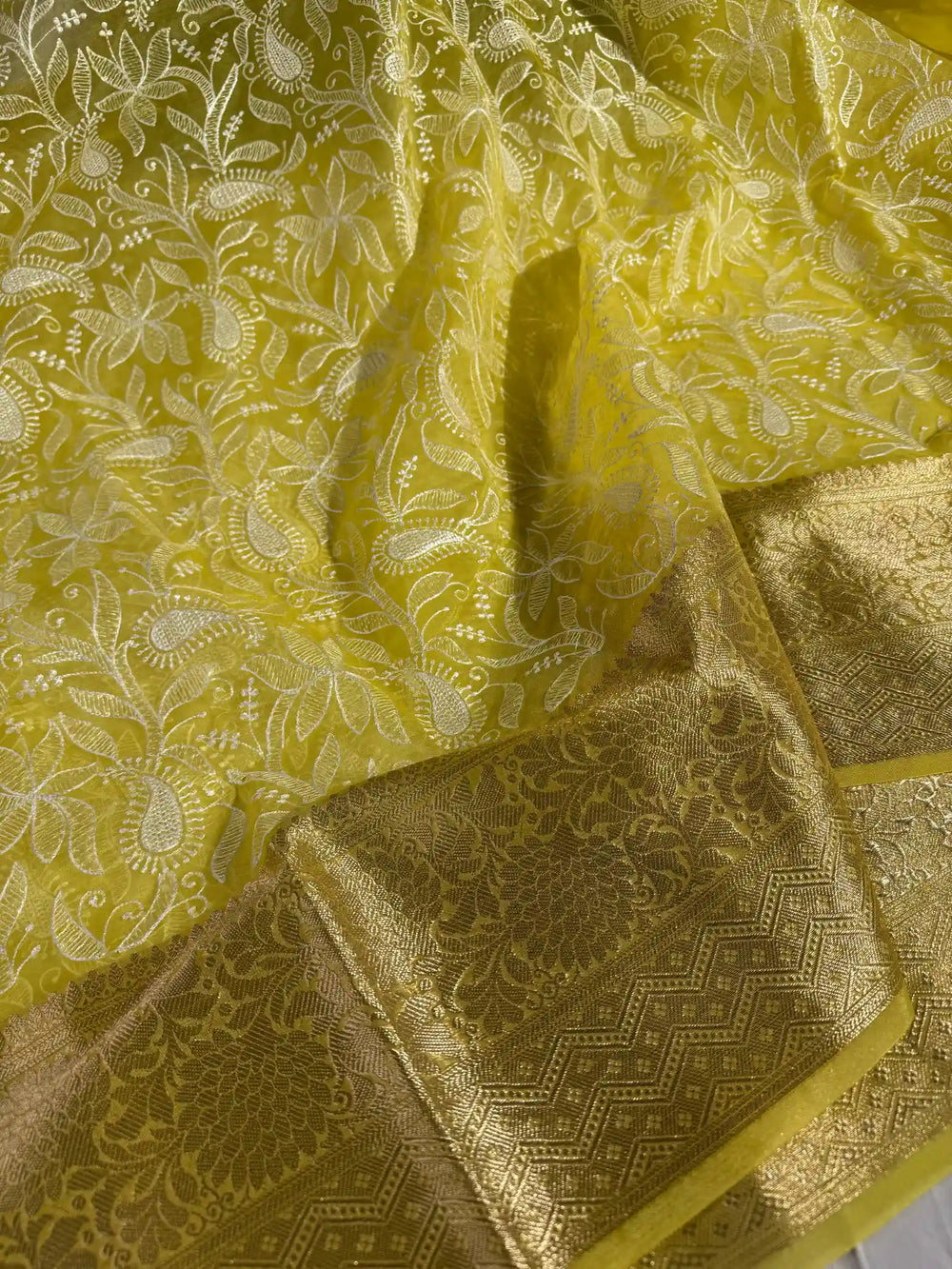 Bright Yellow Banarasi organza silk chikankari saree