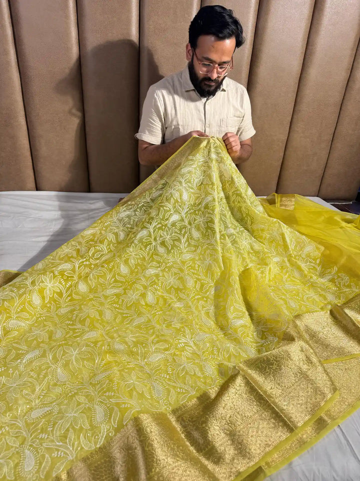 Bright Yellow Banarasi organza silk chikankari saree