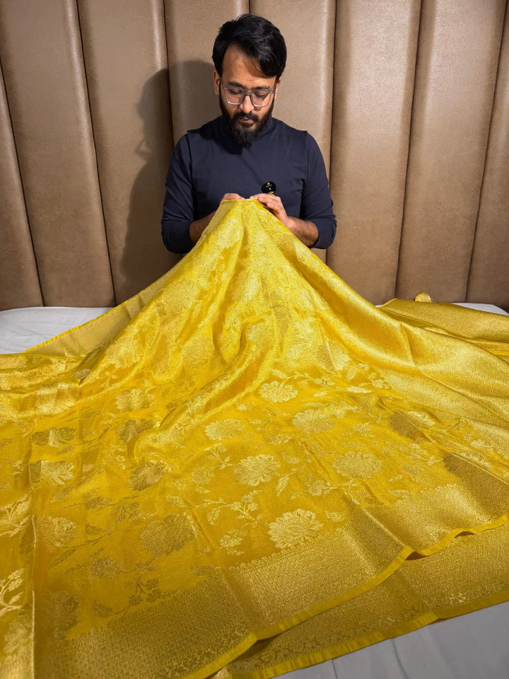 Bright Yellow Breathable Tissue Silk Banarasi Saree