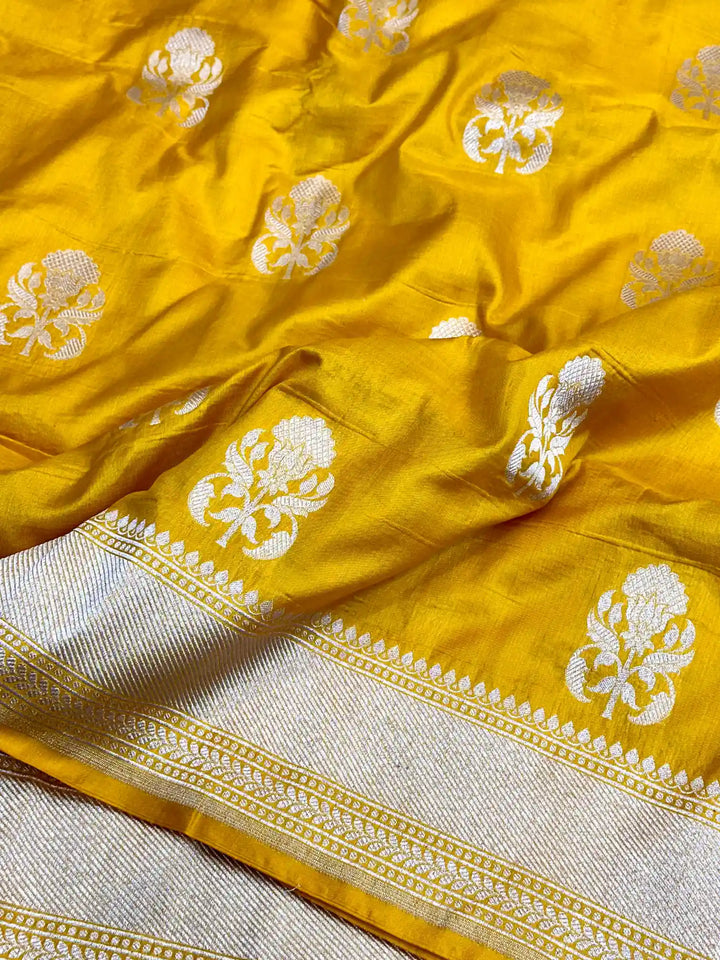 Bright Yellow Buta Weave Pure Katan Silk Saree