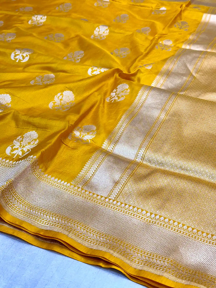 Bright Yellow Buta Weave Pure Katan Silk Saree