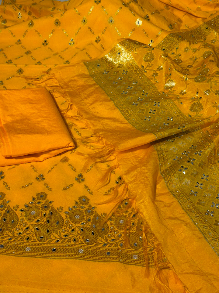 Bright Yellow Chinia Silk Banarasi Mirror Work Suit