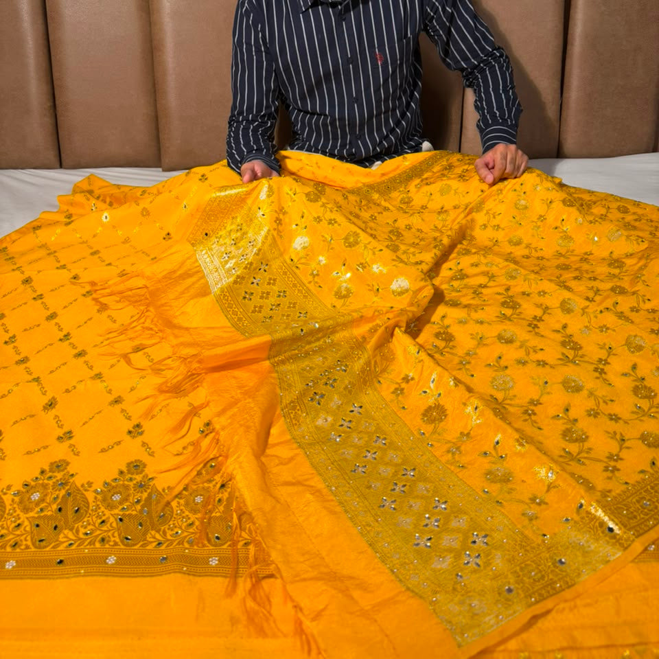 Bright Yellow Chinia Silk Banarasi Mirror Work Suit