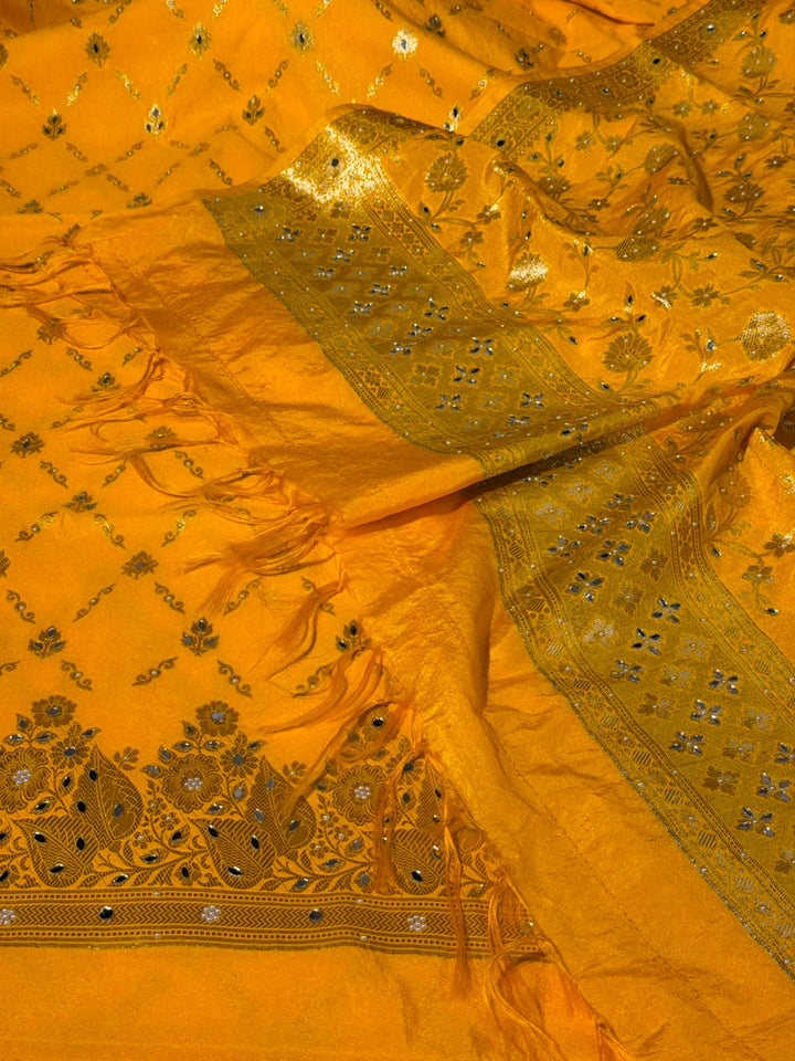 Bright Yellow Chinia Silk Banarasi Mirror Work Suit