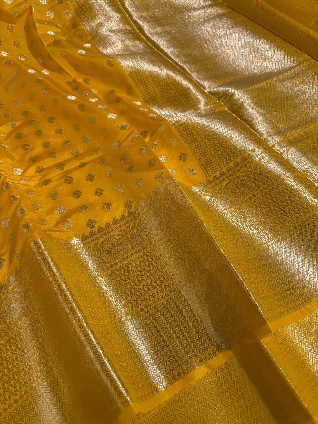 Bright Yellow Chiniya Silk Khaddi Buti Weave Banarasi Saree