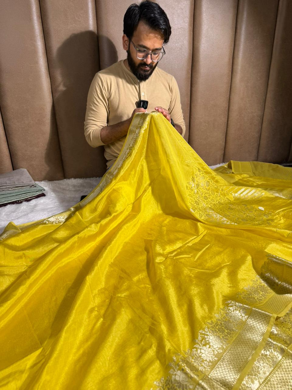 Bright Yellow Crepe Chinia Silk Banarasi Saree