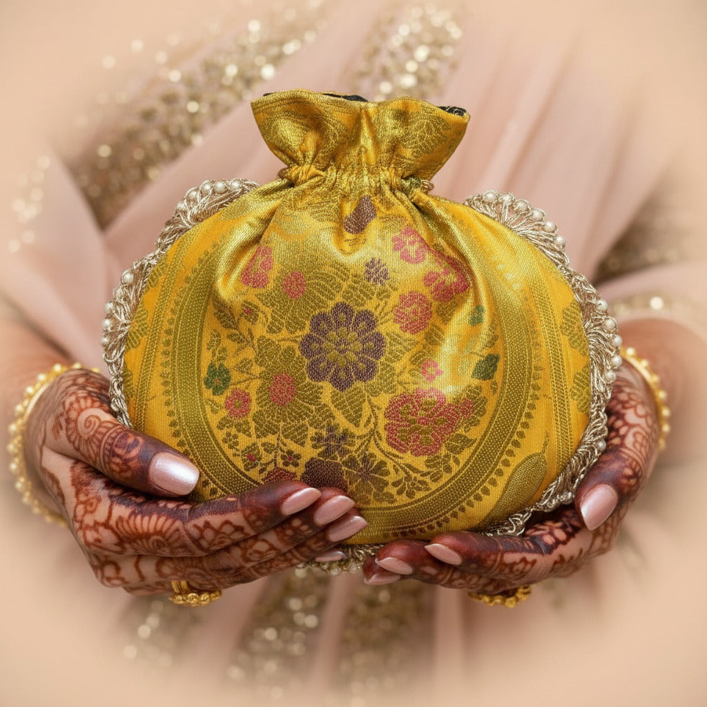 Bright Yellow Eccentric Lace Work Banarasi Potli Bags