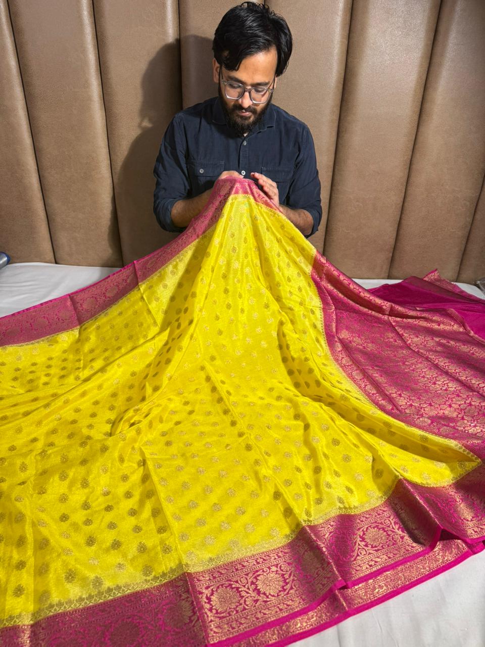 Bright Yellow Georgette Silk Zari Buti Banarasi saree