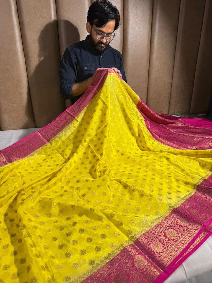 Bright Yellow Georgette Silk Zari Buti Banarasi saree