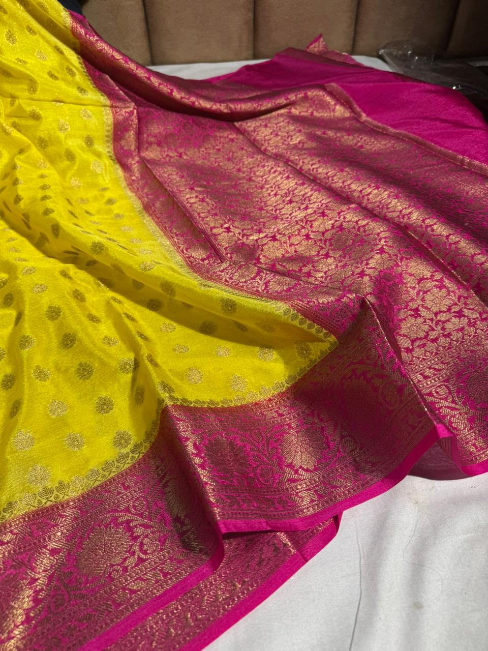 Bright Yellow Georgette Silk Zari Buti Banarasi saree
