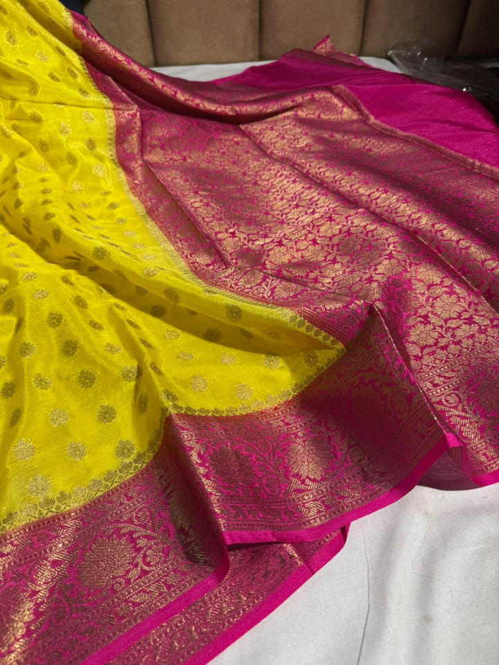 Bright Yellow Georgette Silk Zari Buti Banarasi saree