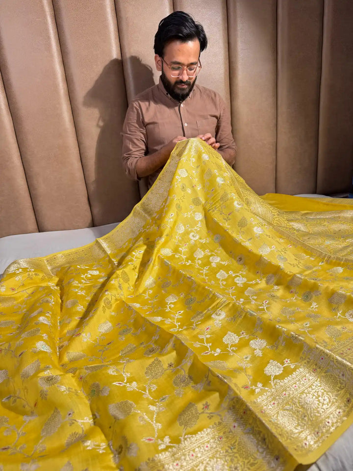 Bright Yellow Intricate Meenakari Chiniya Silk Banarasi Saree