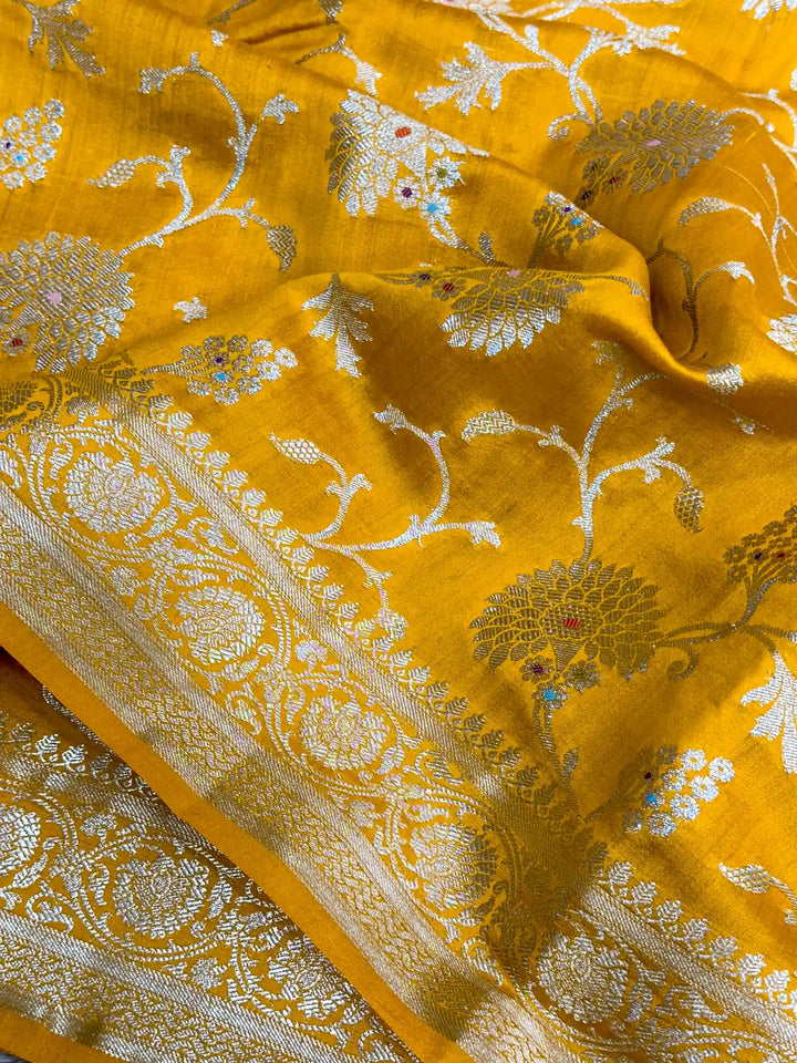 Bright Yellow Intricate Meenakari Chiniya Silk Banarasi Saree