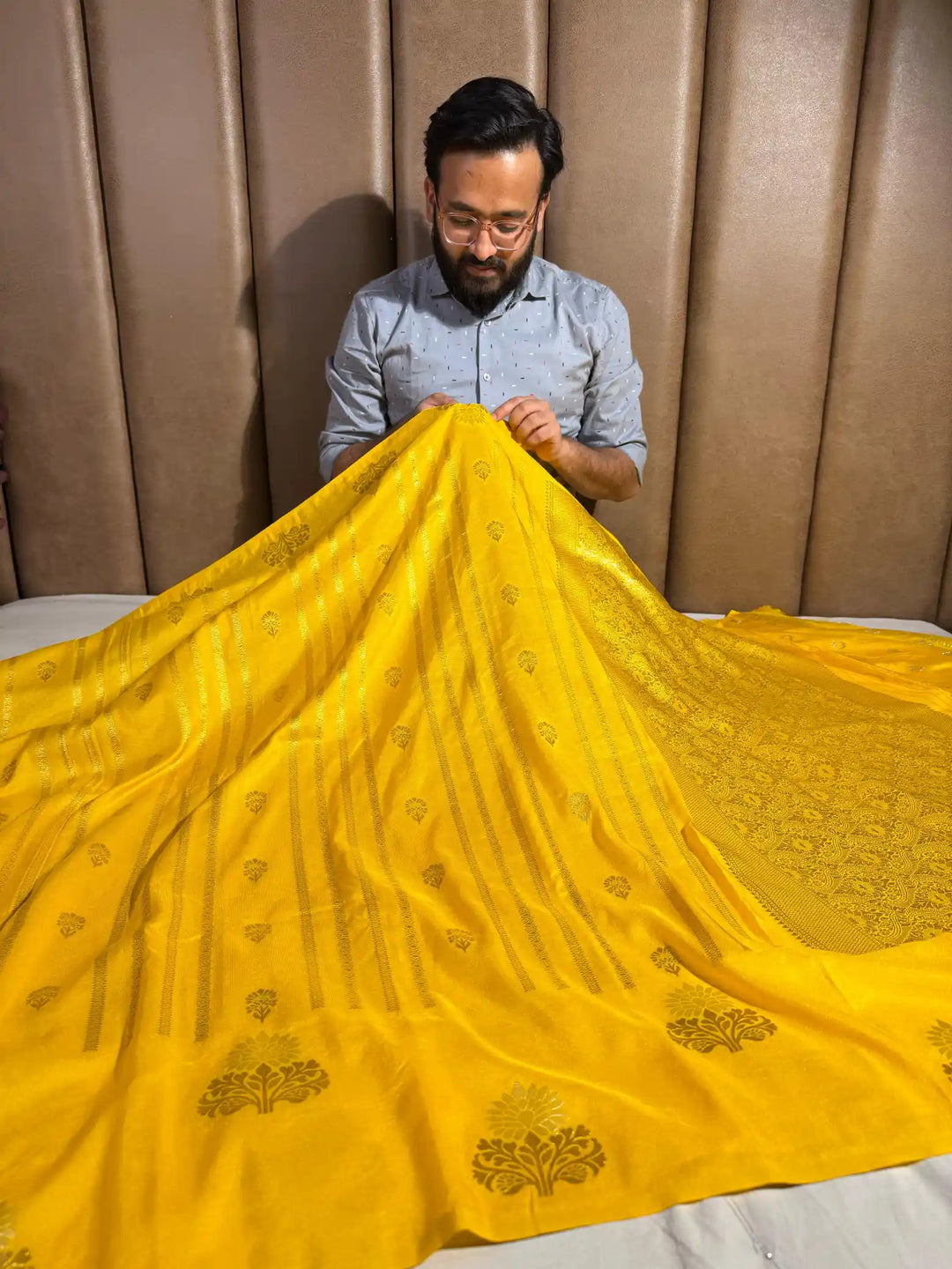 Bright Yellow Mashru Katan Silk Banarasi Saree