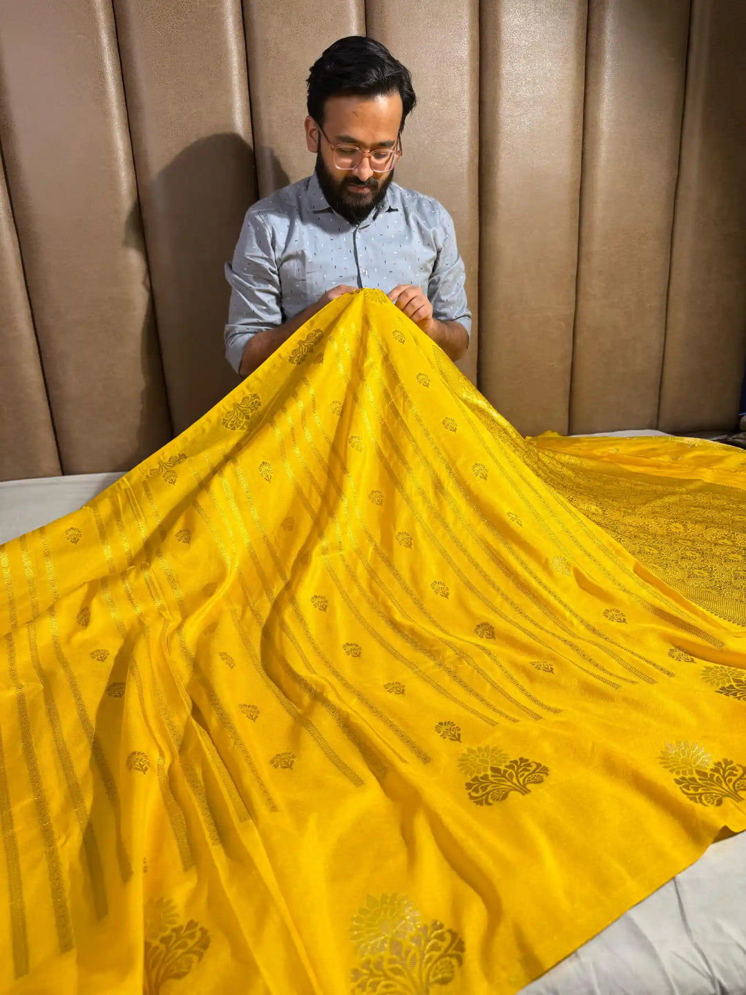 Bright Yellow Mashru Katan Silk Banarasi Saree