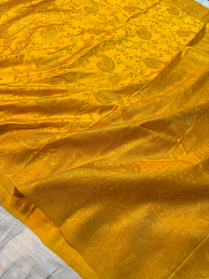 Bright Yellow Mashru Katan Silk Intricate Weave Saree