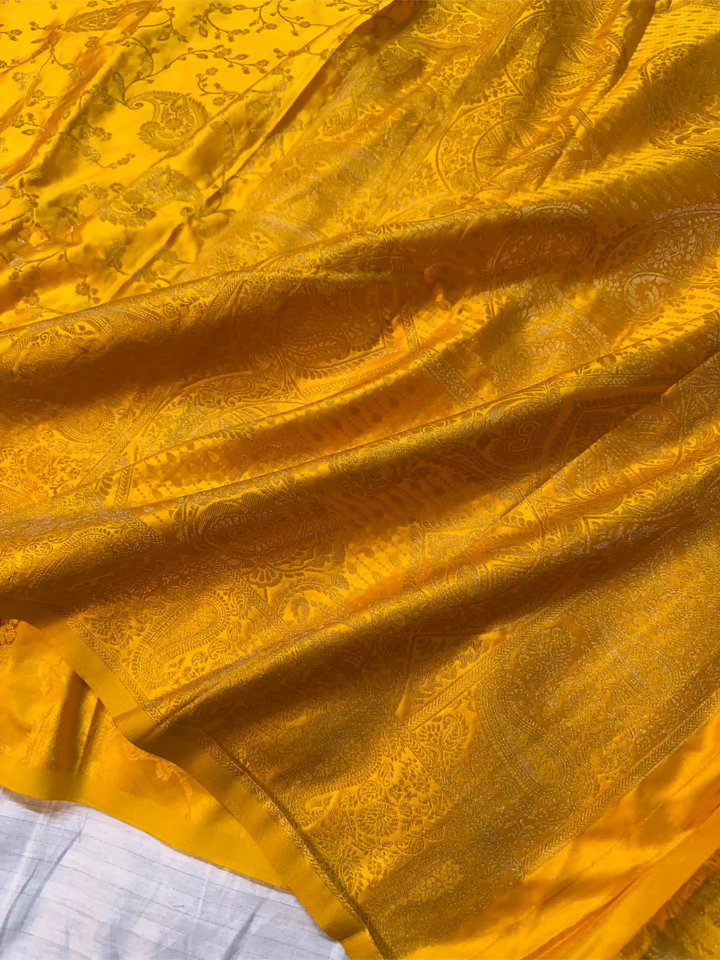 Bright Yellow Mashru Katan Silk Intricate Weave Saree