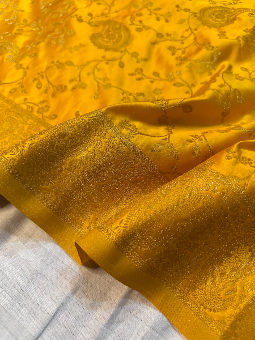 Bright Yellow Mashru Katan Silk Intricate Weave Saree