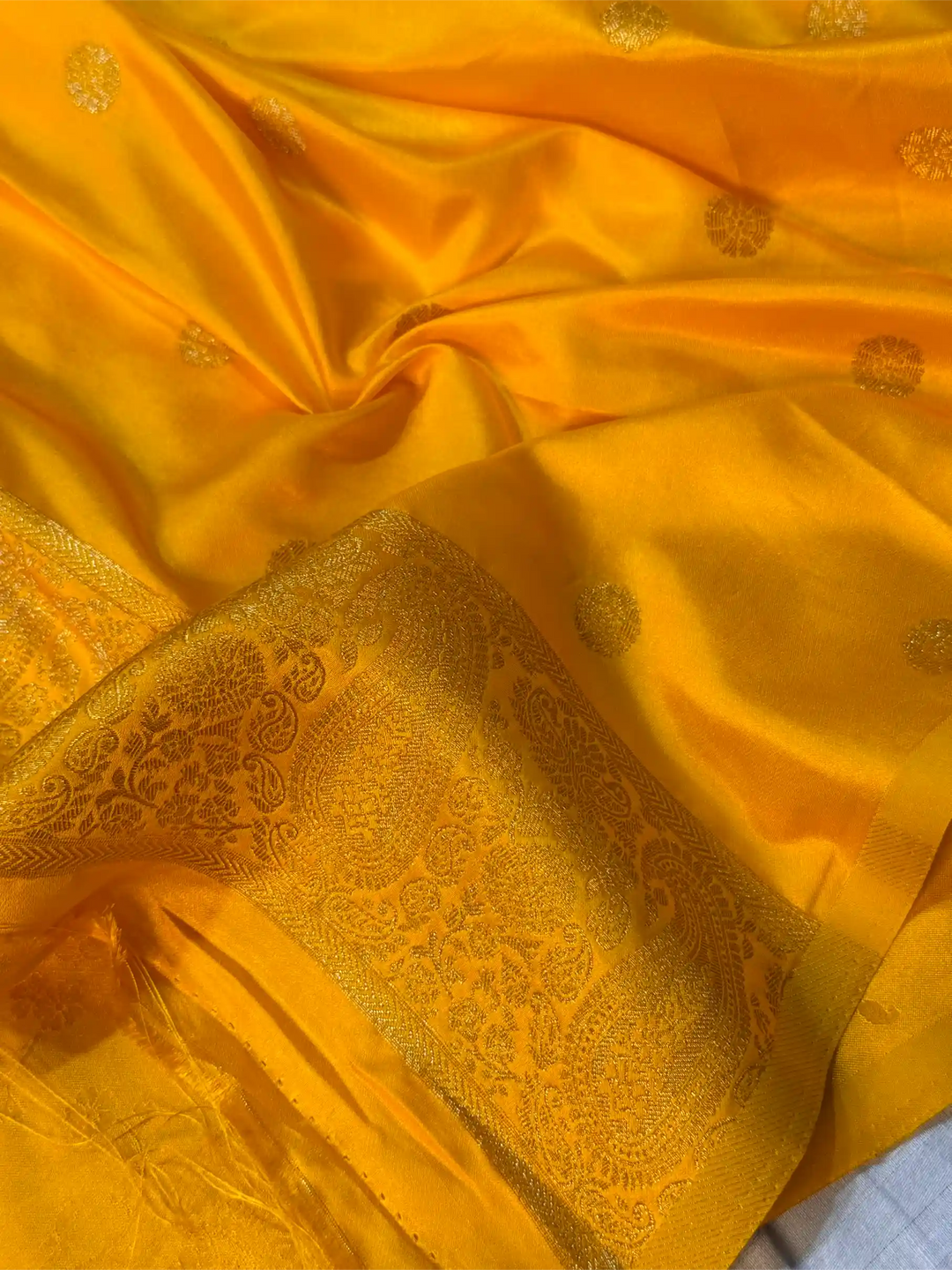 Bright Yellow Mashru Katan Silk Intricate Weave Saree