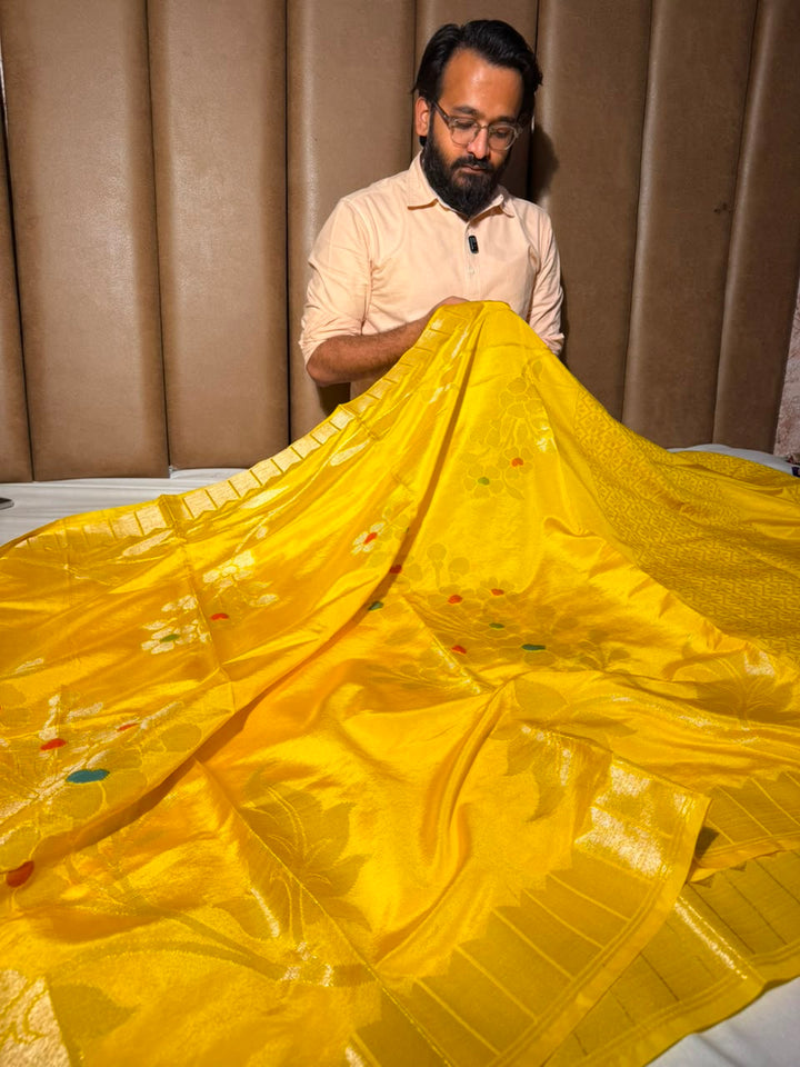 Bright Yellow Meenakari Chinia Silk Banarasi Saree