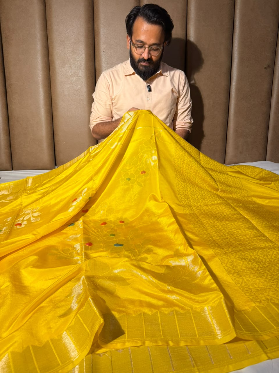 Bright Yellow Meenakari Chinia Silk Banarasi Saree