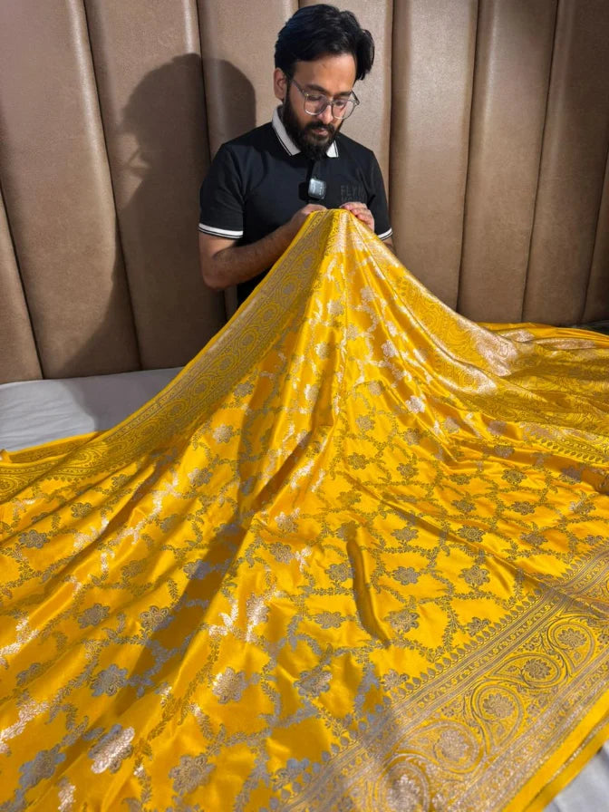 Bright Yellow Satin Silk Heritage Banarasi Saree