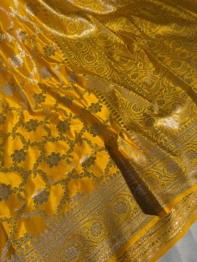 Bright Yellow Satin Silk Heritage Banarasi Saree